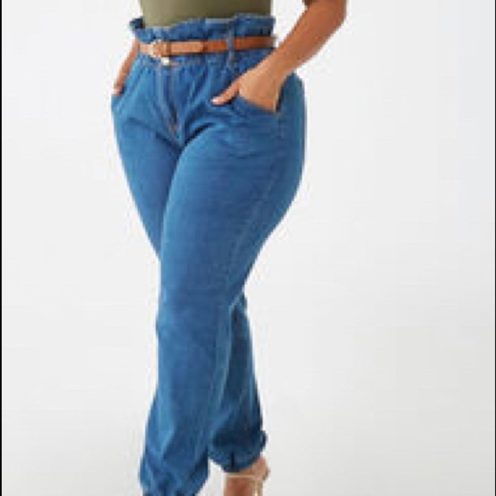 Plus size Denim blue paper bag jeans